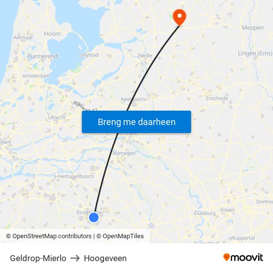 Geldrop-Mierlo to Hoogeveen map