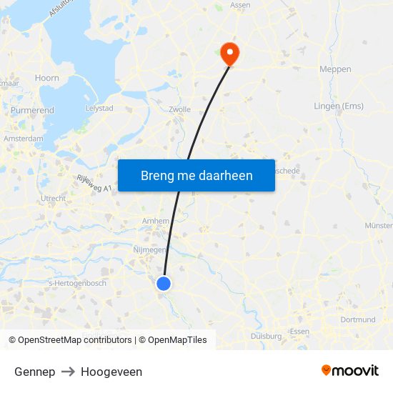 Gennep to Hoogeveen map