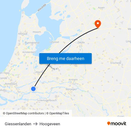 Giessenlanden to Hoogeveen map