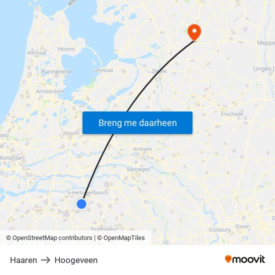 Haaren to Hoogeveen map