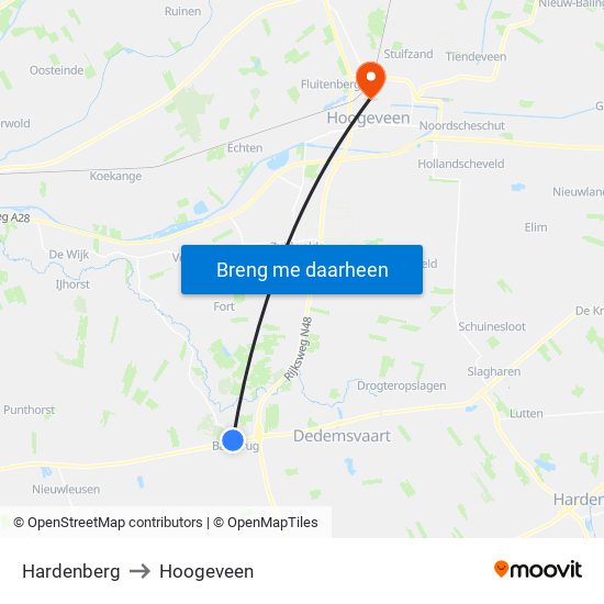Hardenberg to Hoogeveen map