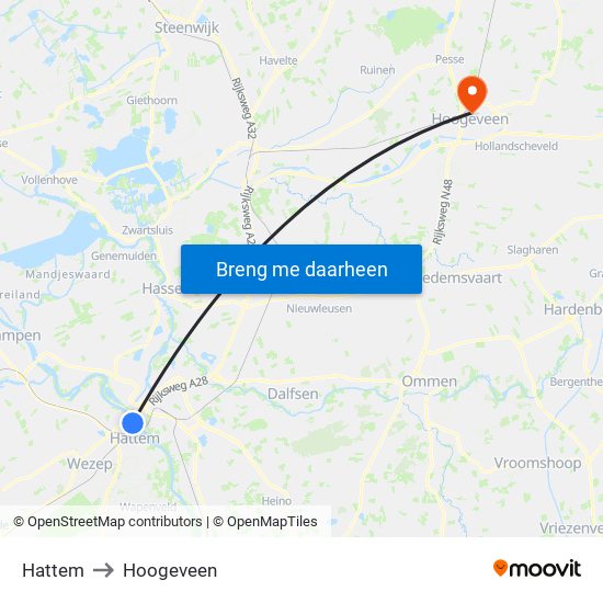 Hattem to Hoogeveen map