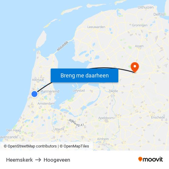 Heemskerk to Hoogeveen map