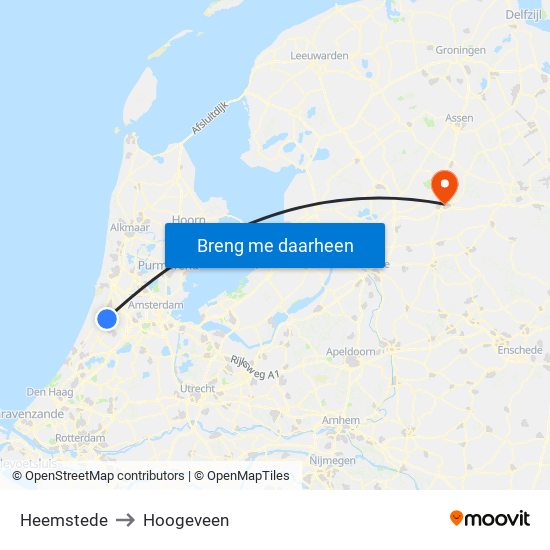 Heemstede to Hoogeveen map