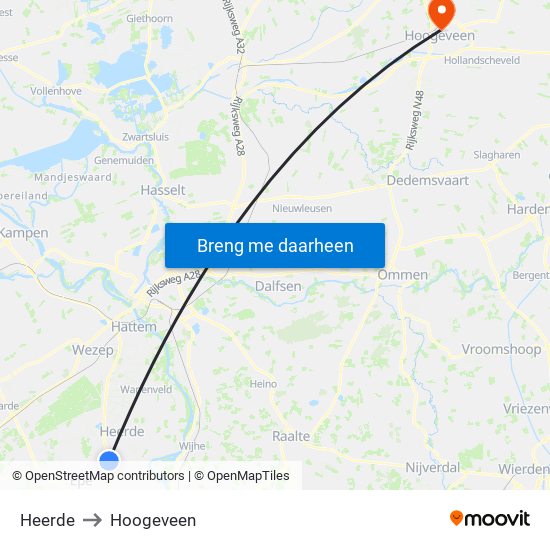 Heerde to Hoogeveen map