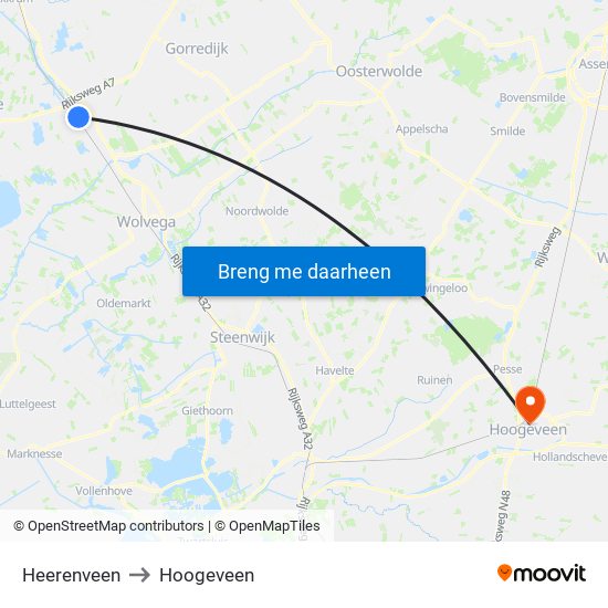 Heerenveen to Hoogeveen map