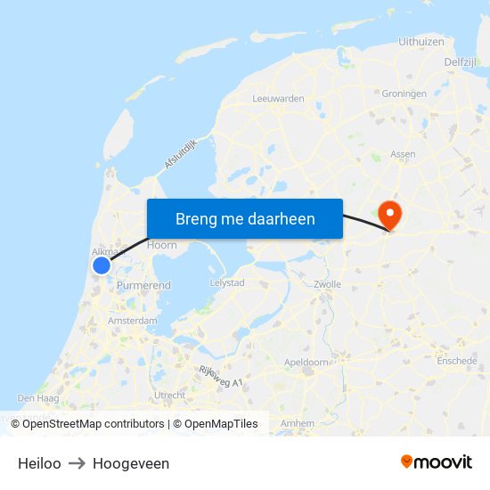 Heiloo to Hoogeveen map