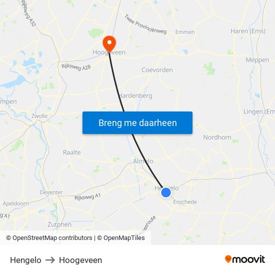 Hengelo to Hoogeveen map