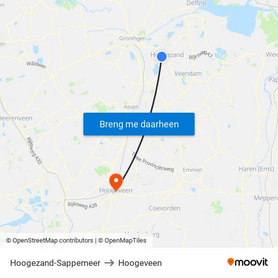 Hoogezand-Sappemeer to Hoogeveen map