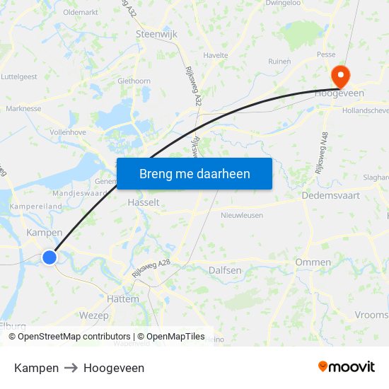 Kampen to Hoogeveen map