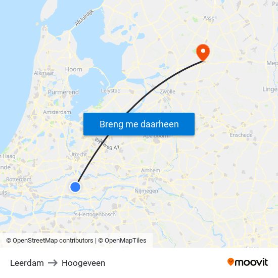 Leerdam to Hoogeveen map