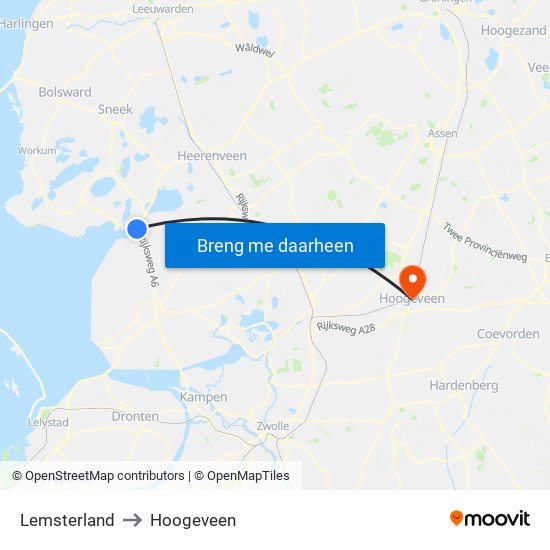 Lemsterland to Hoogeveen map