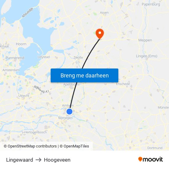 Lingewaard to Hoogeveen map