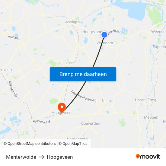 Menterwolde to Hoogeveen map