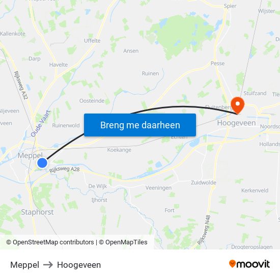 Meppel to Hoogeveen map