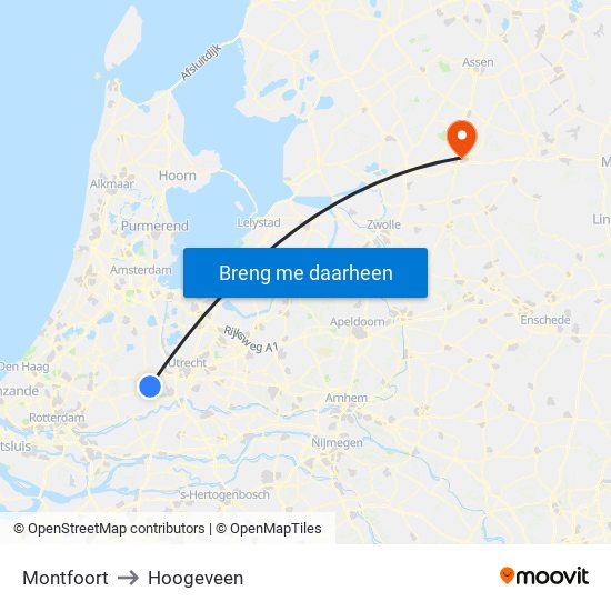 Montfoort to Hoogeveen map