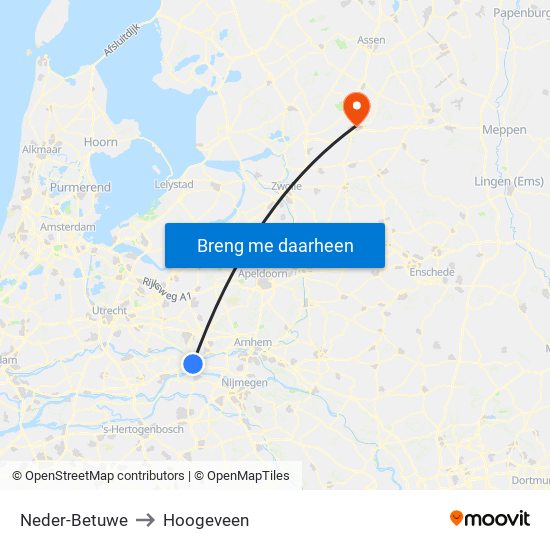 Neder-Betuwe to Hoogeveen map