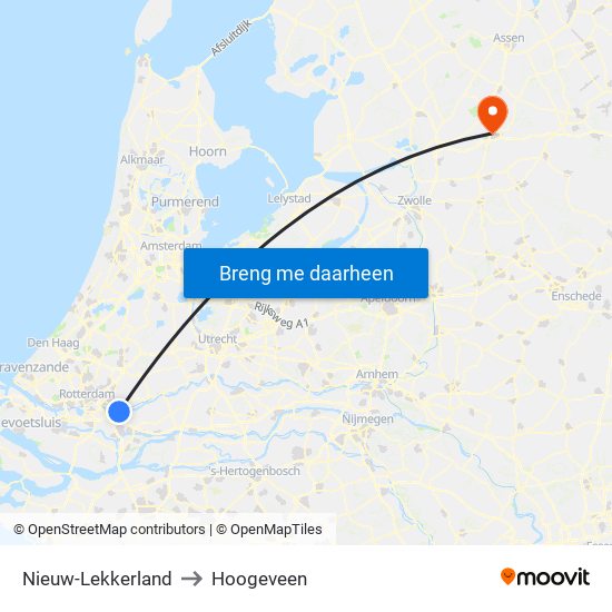 Nieuw-Lekkerland to Hoogeveen map