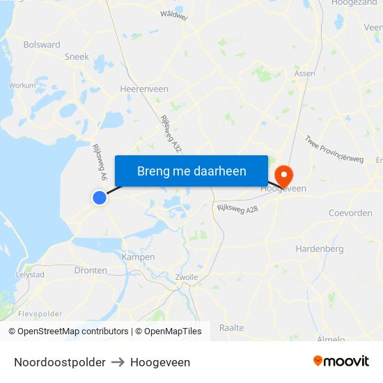 Noordoostpolder to Hoogeveen map