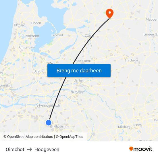 Oirschot to Hoogeveen map