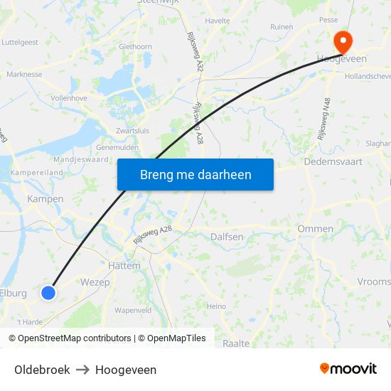 Oldebroek to Hoogeveen map