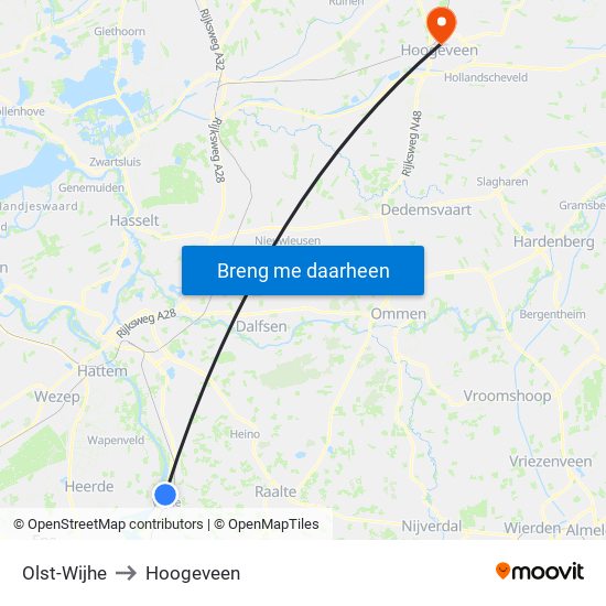 Olst-Wijhe to Hoogeveen map