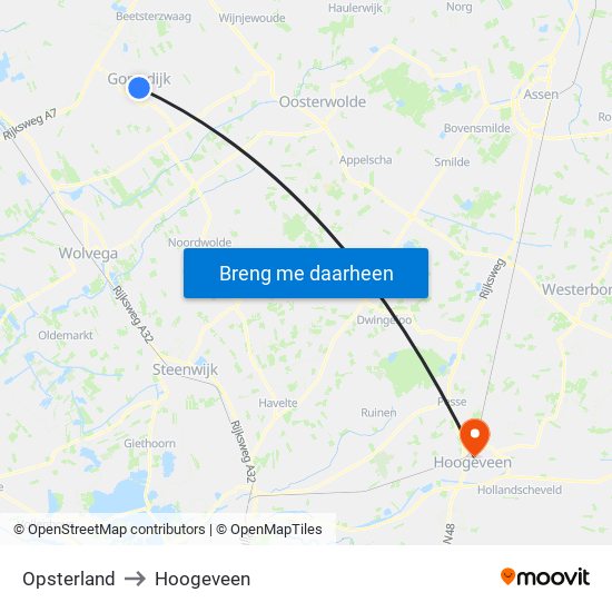 Opsterland to Hoogeveen map