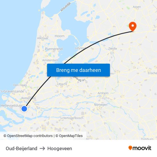 Oud-Beijerland to Hoogeveen map