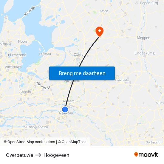 Overbetuwe to Hoogeveen map