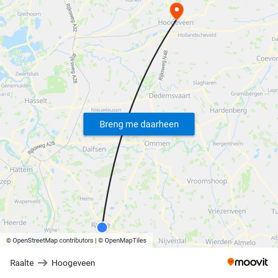 Raalte to Hoogeveen map