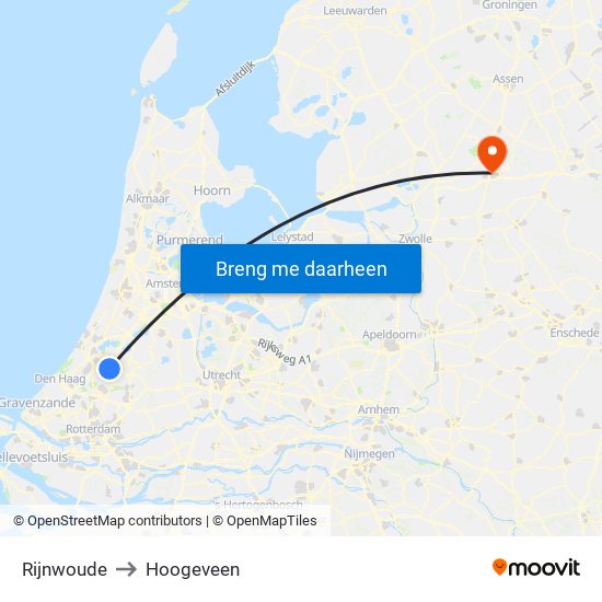 Rijnwoude to Hoogeveen map