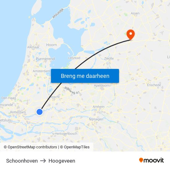 Schoonhoven to Hoogeveen map