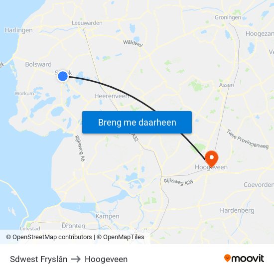 Sdwest Fryslân to Hoogeveen map