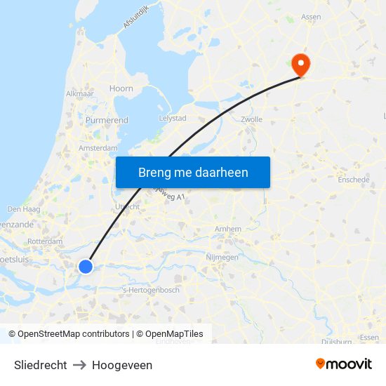 Sliedrecht to Hoogeveen map