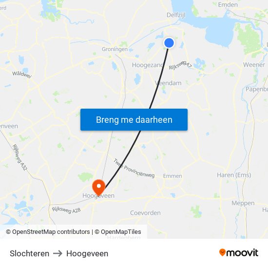 Slochteren to Hoogeveen map