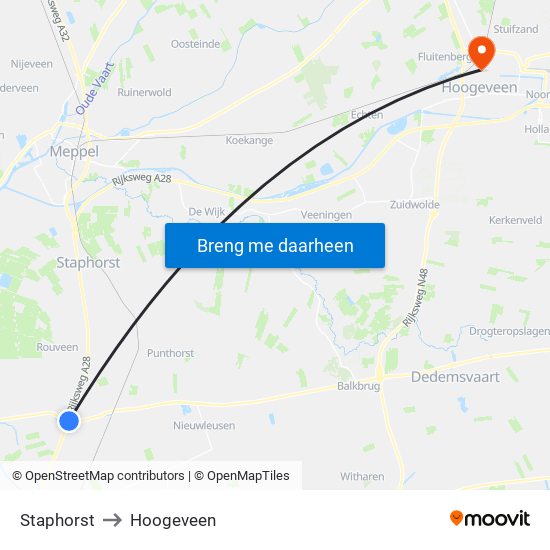 Staphorst to Hoogeveen map