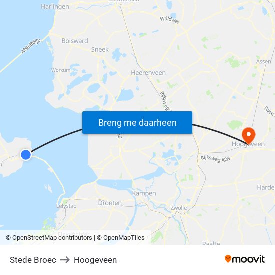 Stede Broec to Hoogeveen map