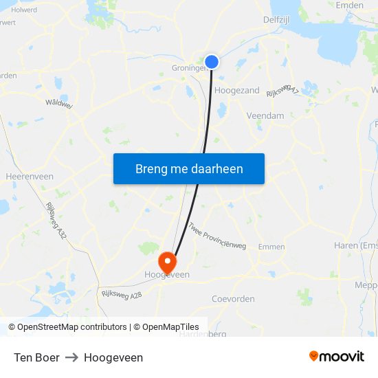 Ten Boer to Hoogeveen map