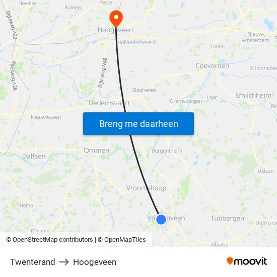 Twenterand to Hoogeveen map