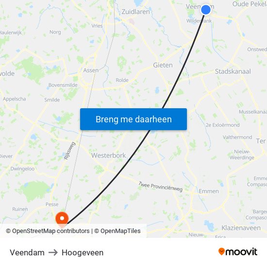 Veendam to Hoogeveen map