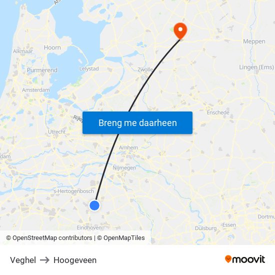 Veghel to Hoogeveen map