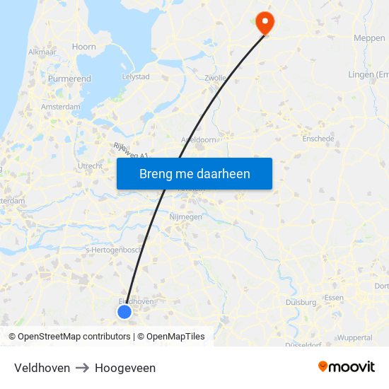 Veldhoven to Hoogeveen map