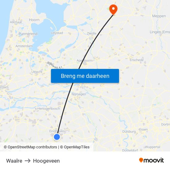 Waalre to Hoogeveen map