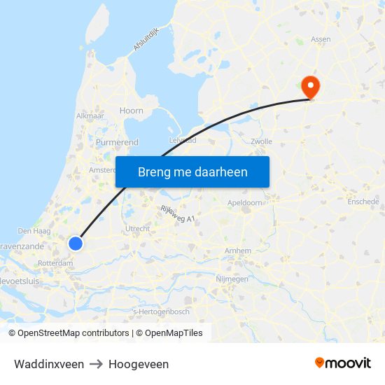 Waddinxveen to Hoogeveen map