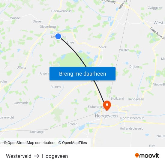 Westerveld to Hoogeveen map