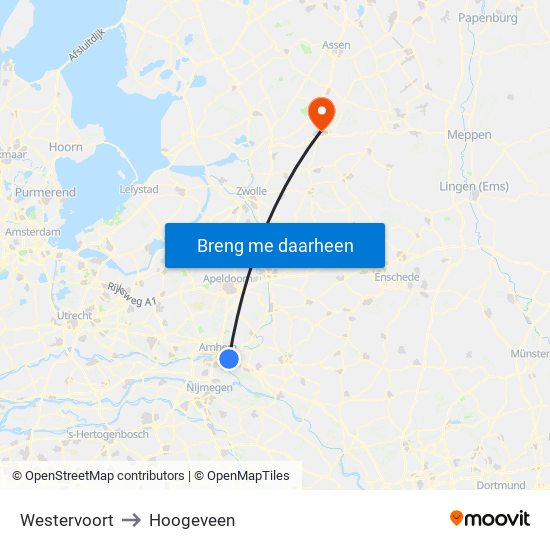 Westervoort to Hoogeveen map