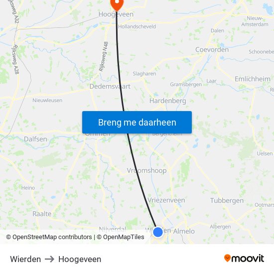 Wierden to Hoogeveen map