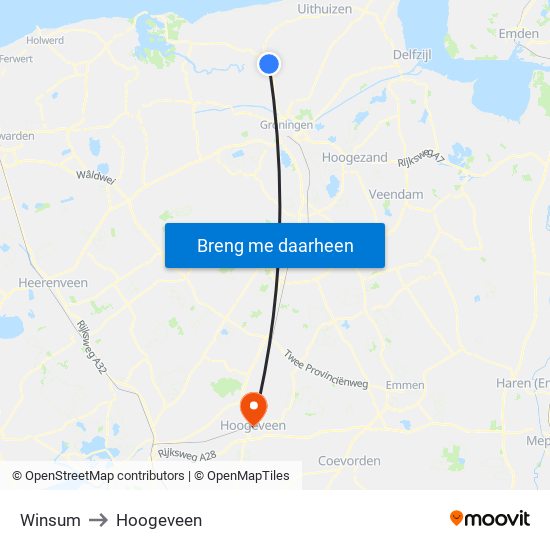 Winsum to Hoogeveen map