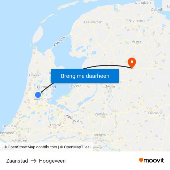 Zaanstad to Hoogeveen map