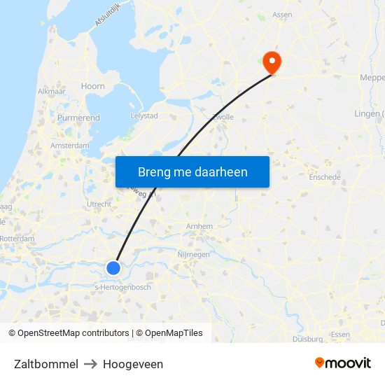 Zaltbommel to Hoogeveen map